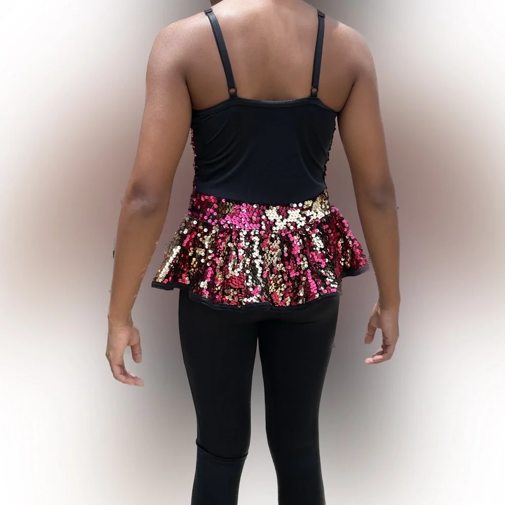 Black Unitard with red & gold sequins.Dance/Performance Costume.  Size M